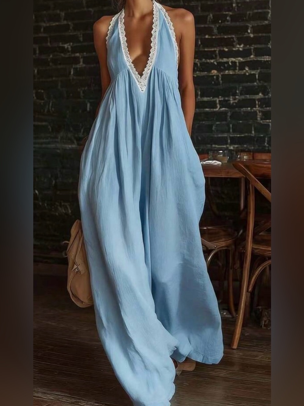 Light Blue Sleeveless Wide-Leg Jumpsuit with Lace Trim
